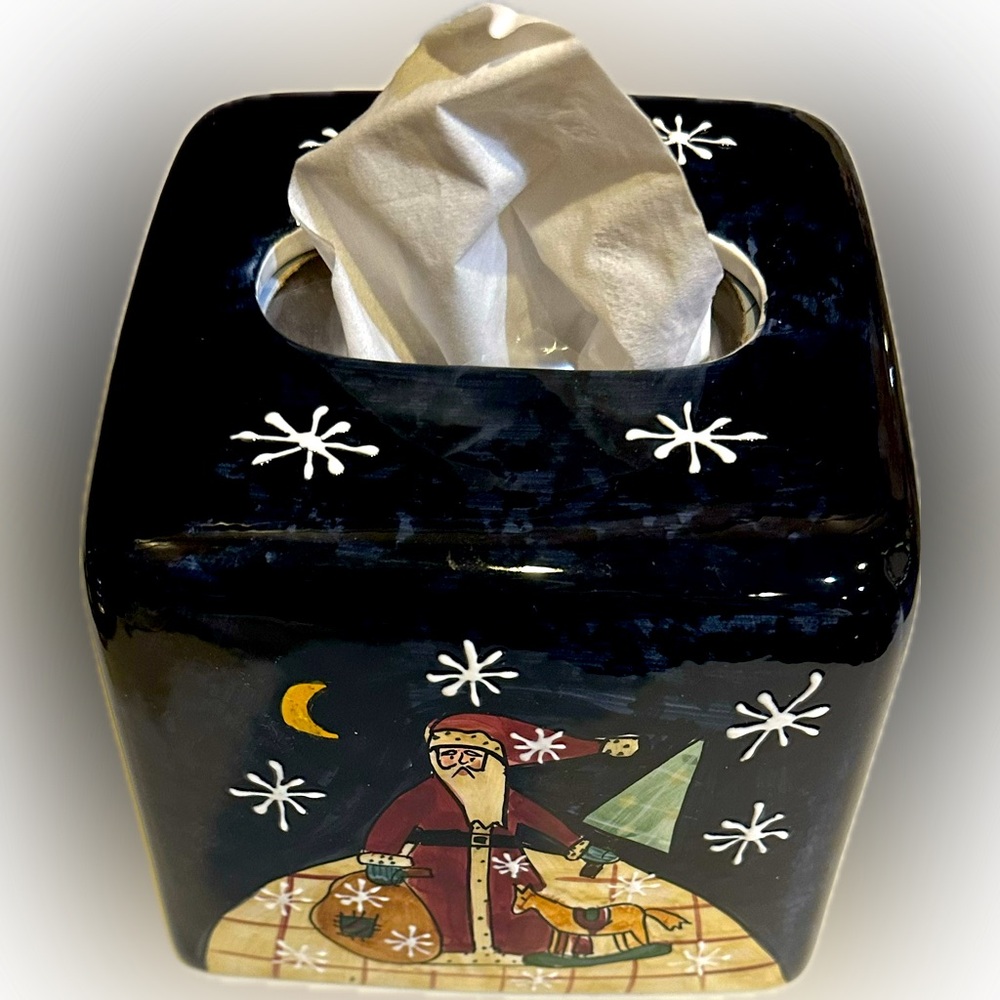 NEW VTG RARE CIC CERAMIC SANTA CLAUS TISSUE COVER BOX BLACK RED CERTIFIED INTER